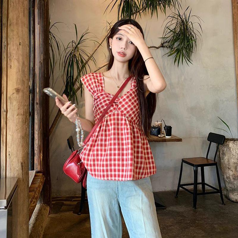 

Summer 2026 Red Plaid Flutter Sleeve Square Neck Slimming Blouse for Women XL (Recommended for 115-125 lbs)