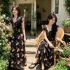 Vacation-style Small Fly-sleeve Square-neck Floral Dress for Women, Summer French Vintage Waist-cinching Tea Break Dress, Long Dress