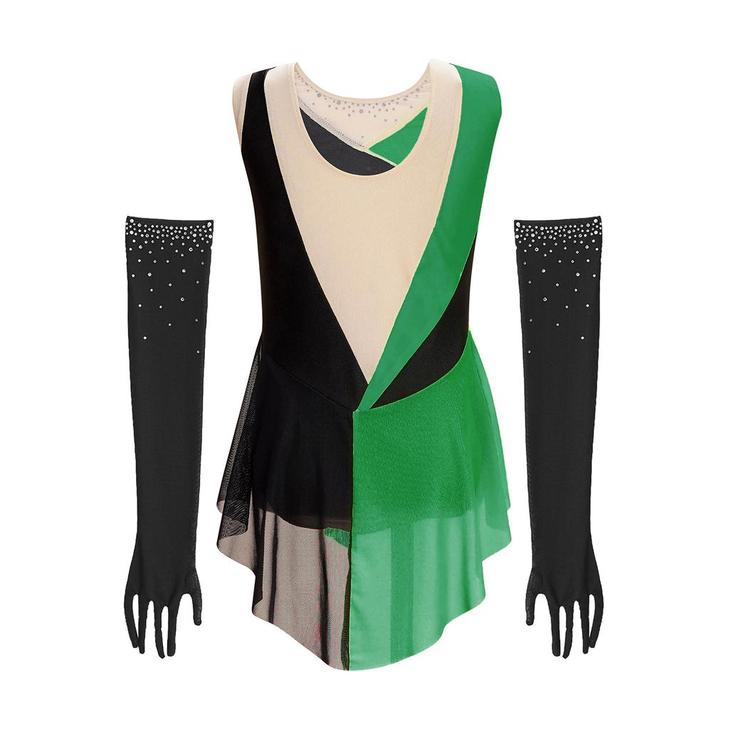 Kids Girls Latin Dance Figure Skating Leotard Sleeveless Mesh Patchwork Shiny Rhinestone Color Block with 1 Pair Gloves Competition Stage Performance