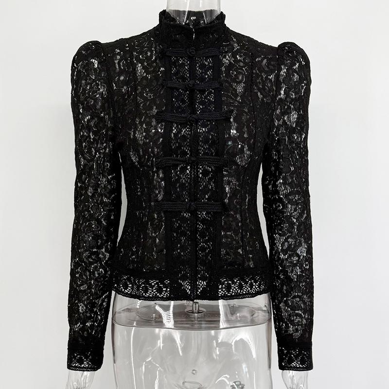 

Women s Dressy Casual Lace Blouse Shirt 2026 Summer Sheer Lace Sexy See Through Tops Long Sleeve Button Up Shirts Tops Spring Fall Shirt Tee L чорний