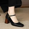Spring and Summer Single Shoe Women's Patchwork Thick Heel Single Buckle Belt French Square Toe High Heels Anti Slip Shoes