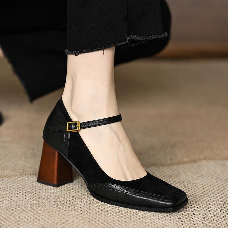 Spring and Summer Single Shoe Women's Patchwork Thick Heel Single Buckle Belt French Square Toe High Heels Anti Slip Shoes