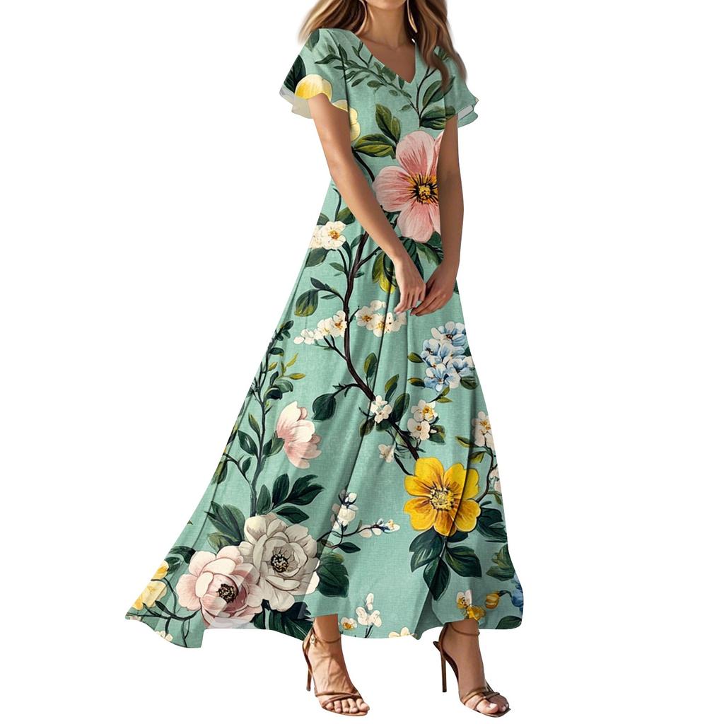 Lässiges Damenkleid mit V-Ausschnitt, kurzen Ärmeln und hoher Taille, Retro-Blumenblatt-Print