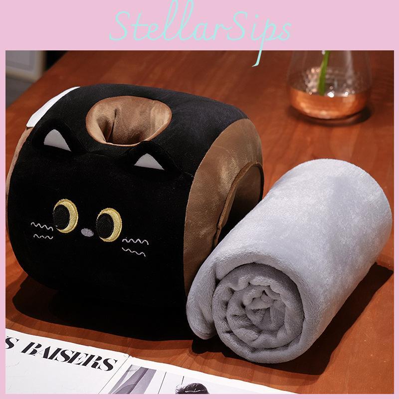 Cute Matcha Chocolate Dessert Cat Design Sleep Cushion And Blanket Set For Nap