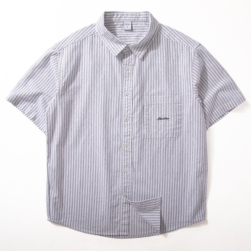 Japanese-Style Short-Sleeve Shirt for Men, Summer New Trendy Brand Versatile Striped Loose Half-Sleeve Artistic Casual Pure Cotton Shirt raw white 3XL