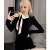 French Black Off-Shoulder Bow Knit Dress – Women's Slimming Hip-Hugging Short Skirt for Spring & Autumn