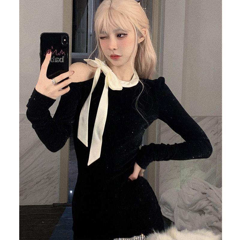 French Black Off-Shoulder Bow Knit Dress – Women's Slimming Hip-Hugging Short Skirt for Spring & Autumn