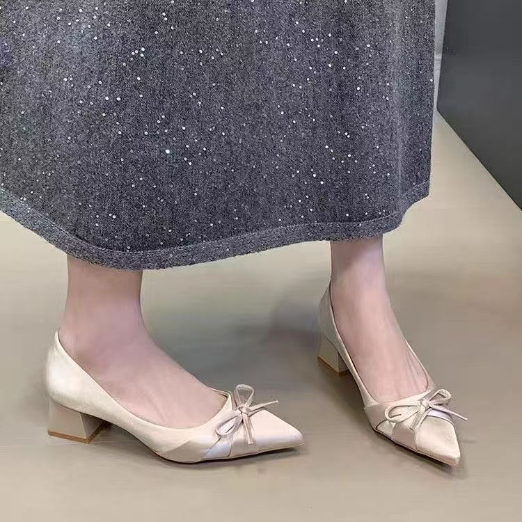 Bow single shoes women's autumn and winter 2025 new satin thick heel late evening wind pedal low heel pointed high heels