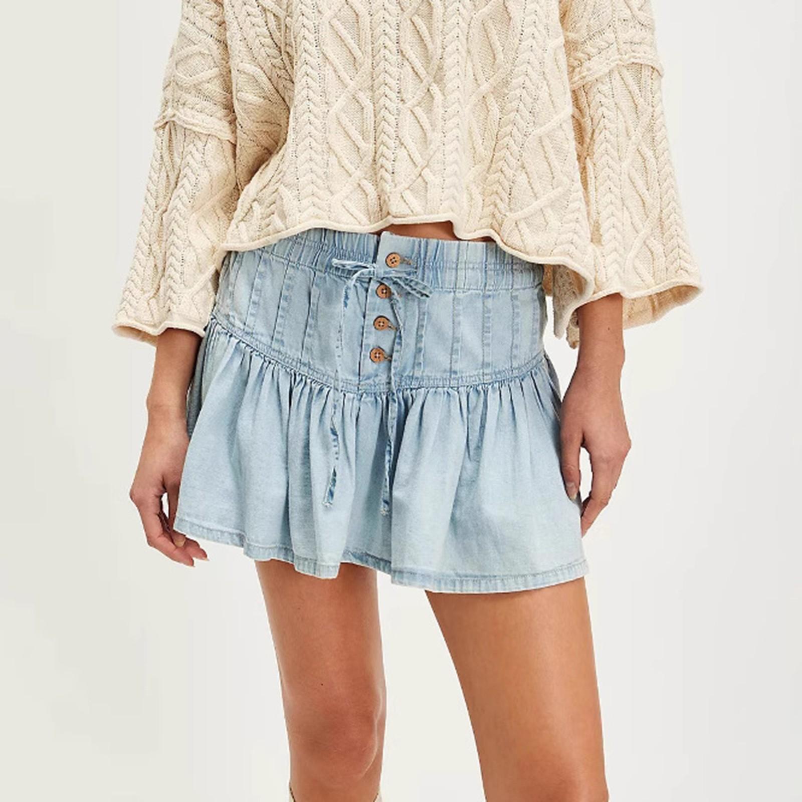 

Женская повседневная приталенная А-силуэта плиссированная джинсовая мини-юбка с оборками и пуговицами XL светло-синий