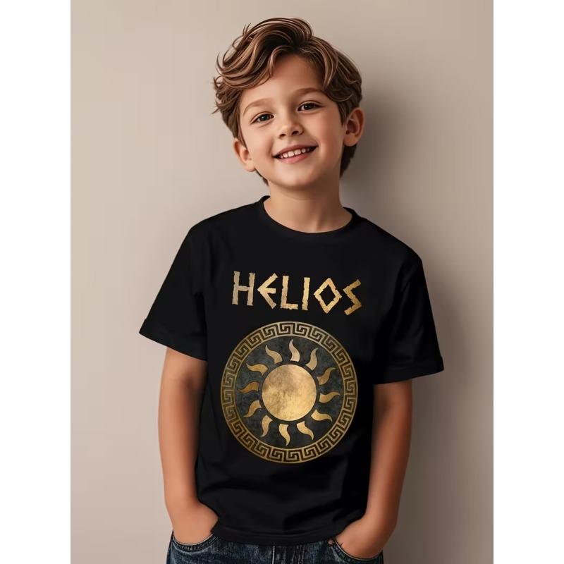 

European Size Boys Round Neck Short Sleeved T Shirt with Greek Mythology Theme Print 98cm чёрный