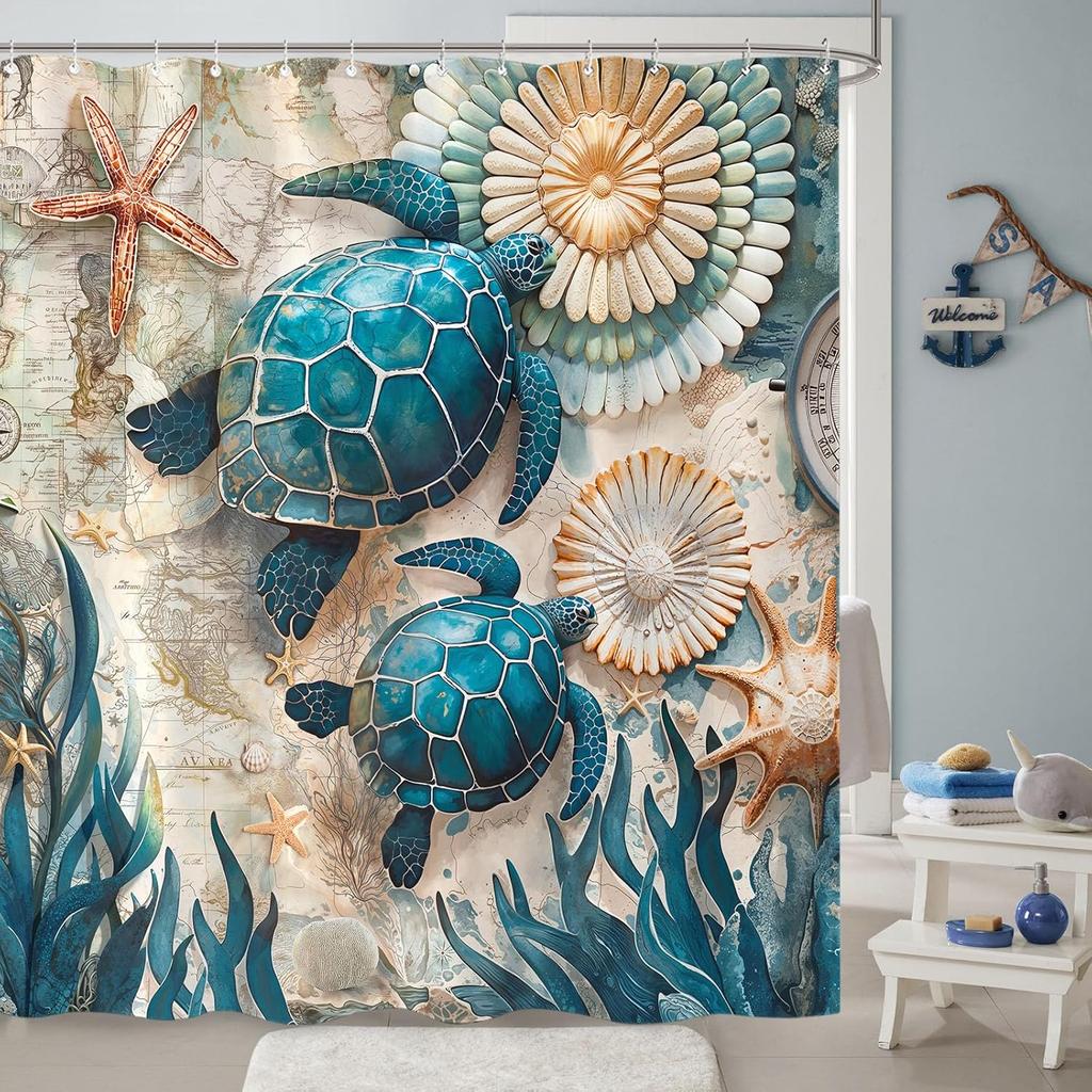 Sea Turtle Shower Curtain Ocean Map Starfish Shell Art Marine Life Design Beach Theme Bath Decor Waterproof Fabric
