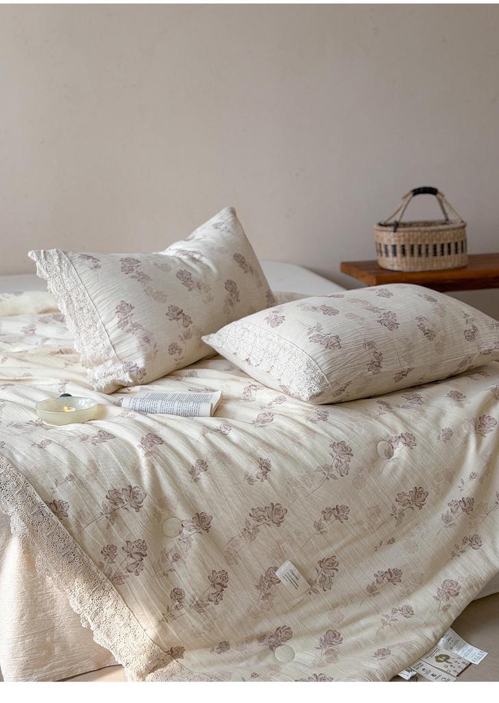 Summer Retro Cotton Linen Lace Design Thin Quilt - Machine Washable Air Conditioning Blanket