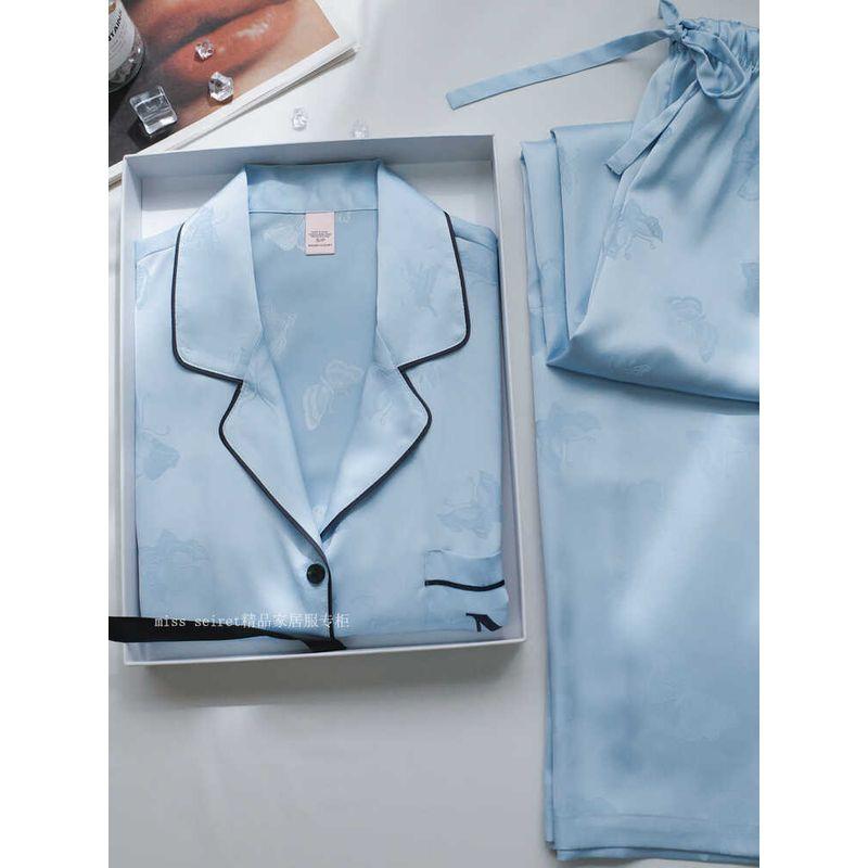 

Weijia Blue Butterfly Silk-like Silks and Satins Pajamas Women s Suit Fancy Thin Long-Sleeved Trousers Homewear Secret Blue Butterfly Long sleeves pants M