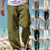 Men's Linen Beach Trousers with Drawstring Elastic Waistband Straight-Leg Solid Colour Comfortable Casual Everyday Holiday Trousers
