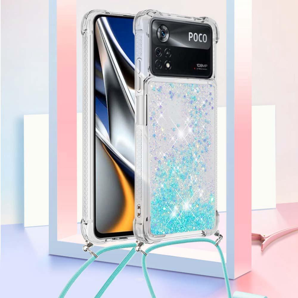 

For Xiaomi Poco X4 Pro 5G TPU Case Quicksand Design Phone Cover with Lanyard Gold/Heart