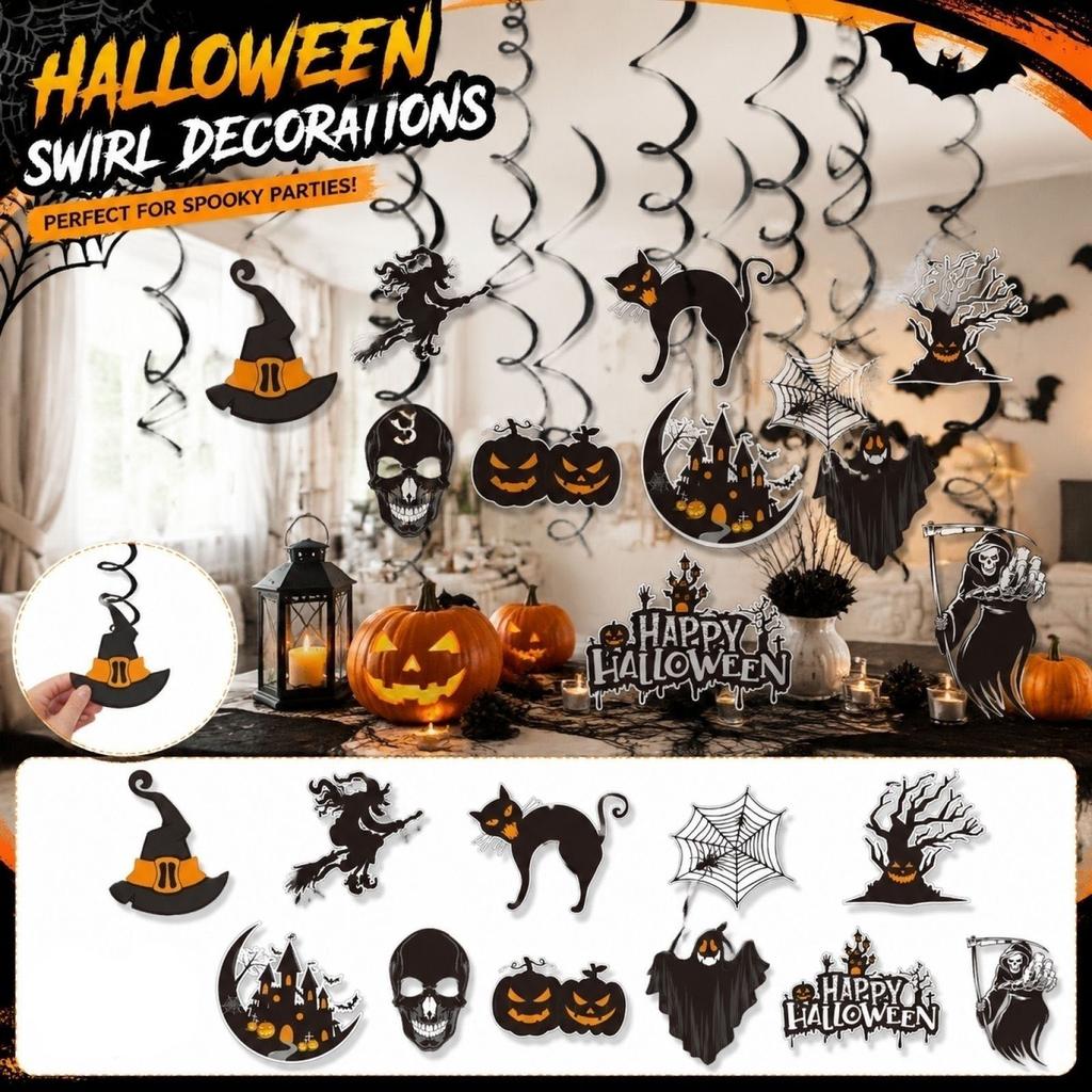 Halloween Party Hanging Swirl Decorations Set with Witch Hat Black Cat Skull Pumpkin Ghost Spider Web and Happy Halloween Sign for Indoor Outdoor Use