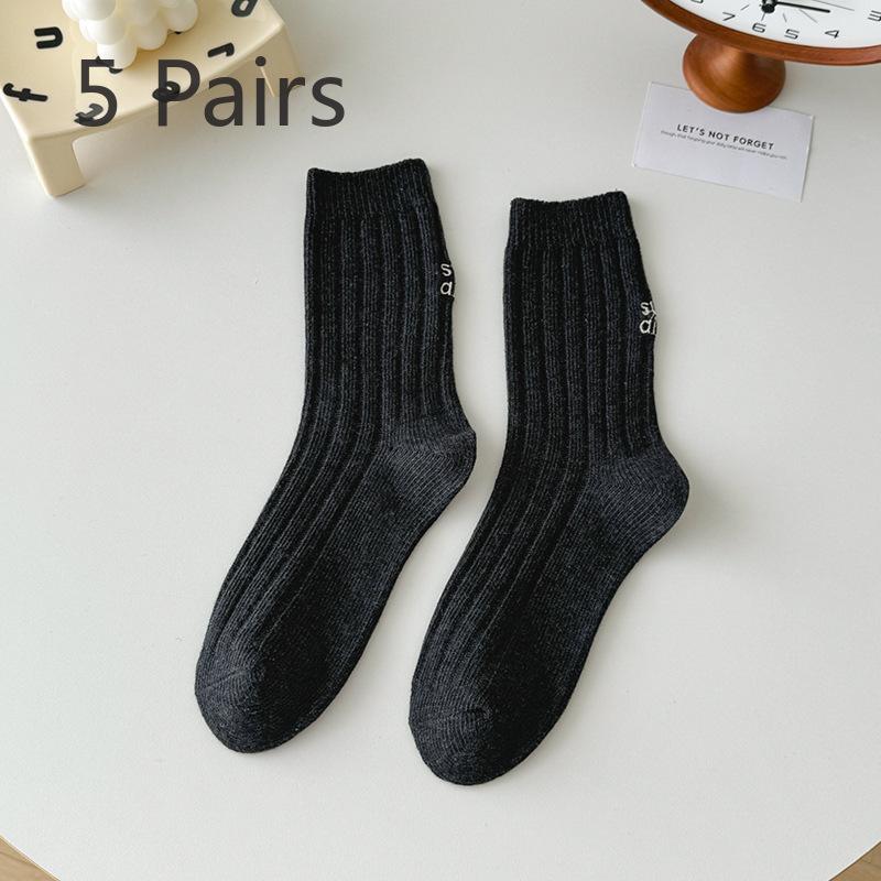 5 Pairs of Women's Minimalist Letter Embroidery Sweat Absorbing Breathable Versatile Tube Stack Socks