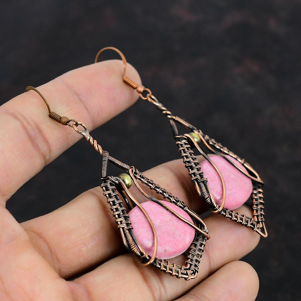Brincos de Thulite Brincos de Fio de Cobre Enrolados Lindas Joias de Cobre Brincos de Pedras Preciosas Naturais Joias de Estilo Étnico Feitas à Mão Presentes para Esposa