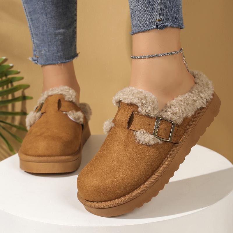 Fashion Casual Metal Buckle Decoration Cotton Outdoor Slippers Women 2025 Winter Thick Bottom Ankle Snow Boots Warm Short Plush Shoes