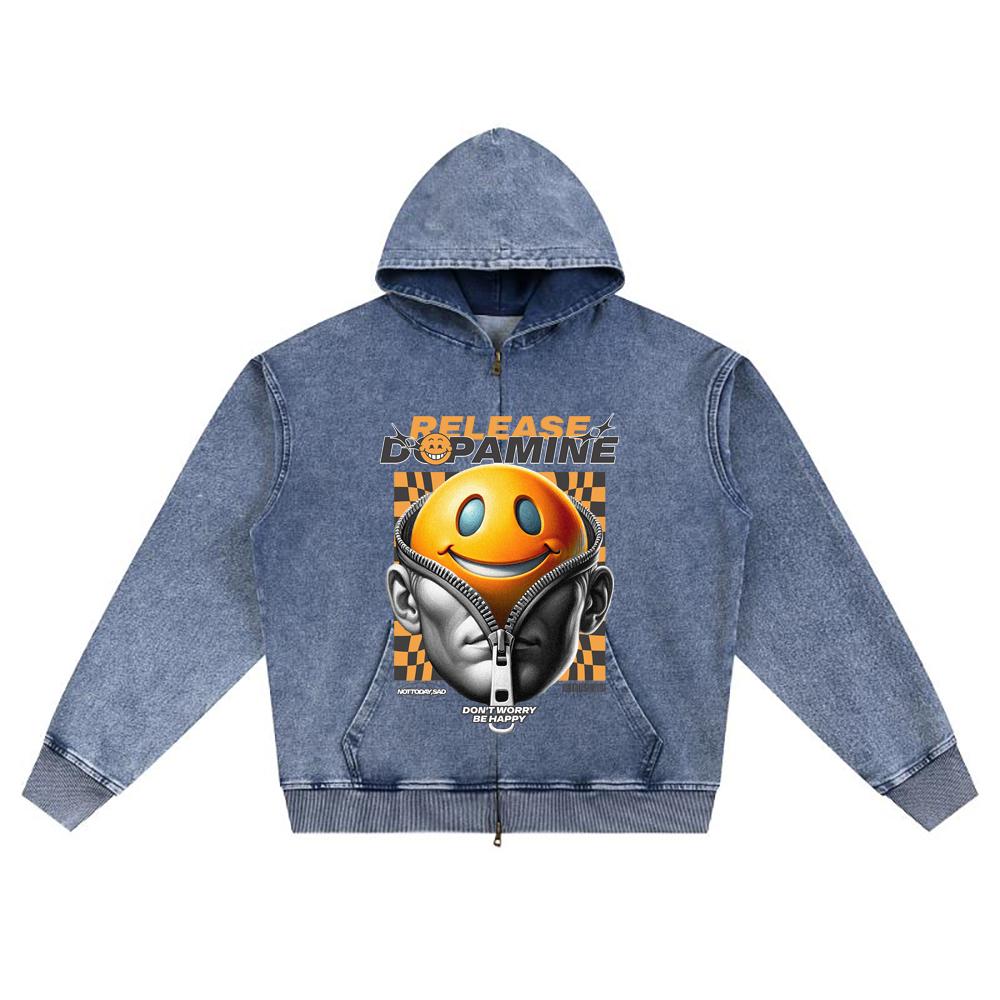 DTG Print Knitted Denim Zip-Up Hoodie Release Dopamine Brother Print Zipper Hoodies
