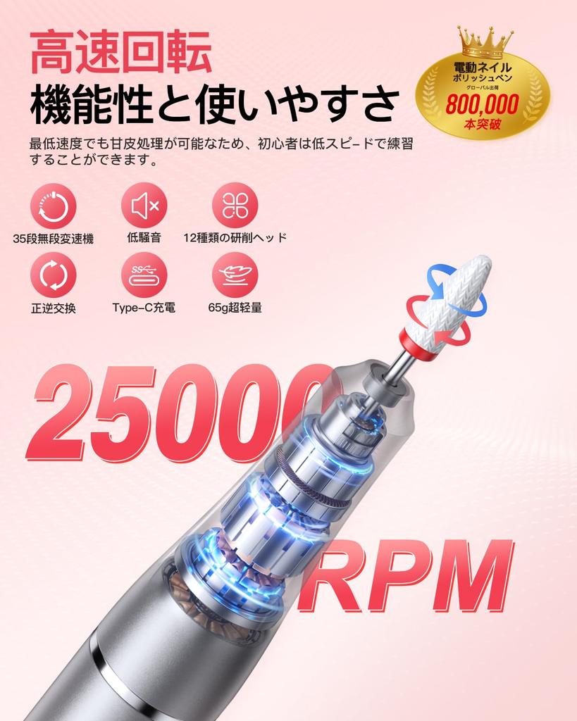 Electric Nail Nail Polisher Nail Nail Cuticle Nail UV Gel Stepless Speed Maximum Forward Reverse USB 65g Includes 12 Professional Bits and 36 Sanding