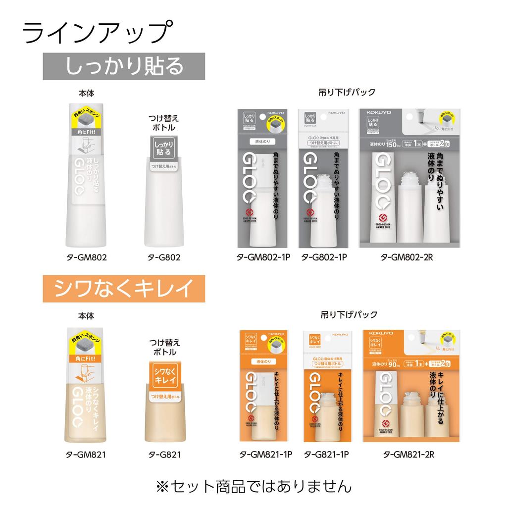 KOKUYO GLOO Liquid Glue Main Unit 1 and 2 Replacement Bottles Wrinkle-Free Clean Finish