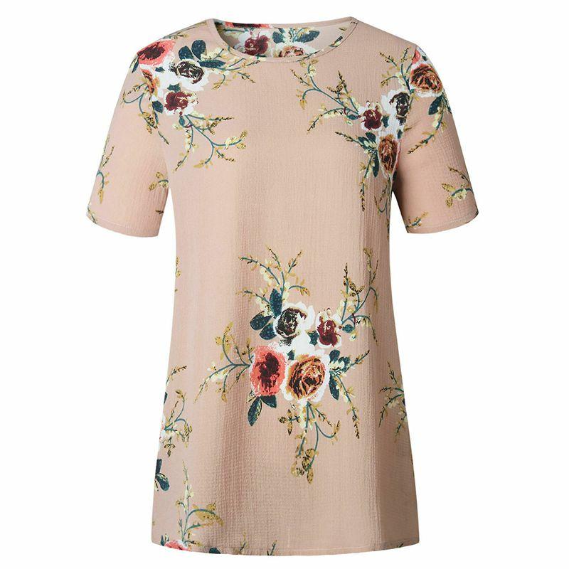 

Summer Women Blouse Floral Short Sleeve Ladies Chiffon Loose Casual Tops Tshirt Khaki,XL
