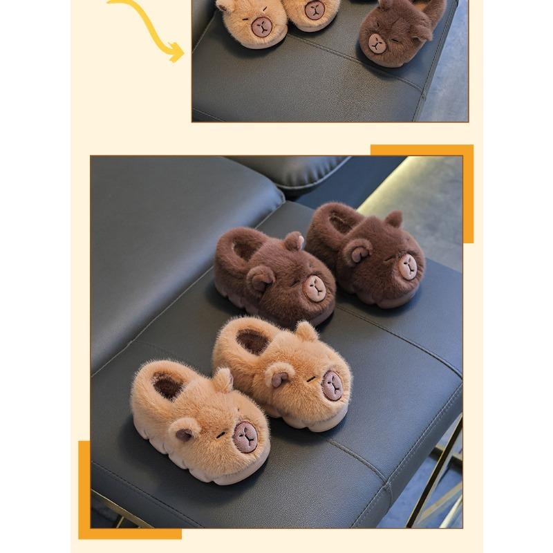 Cartoon Capybara Winter Kids Warm Back Strap Slippers Light Brown Dark Brown