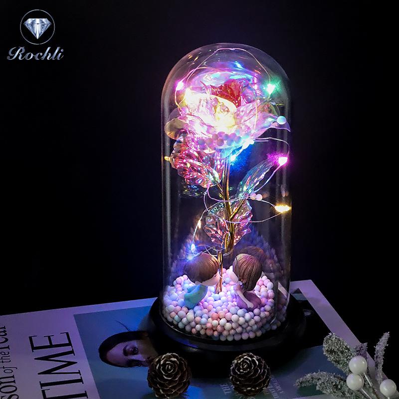Rose Flower Preserved in Glass Dome with Night Light - Mother's Day or Birthday Gift Ornament