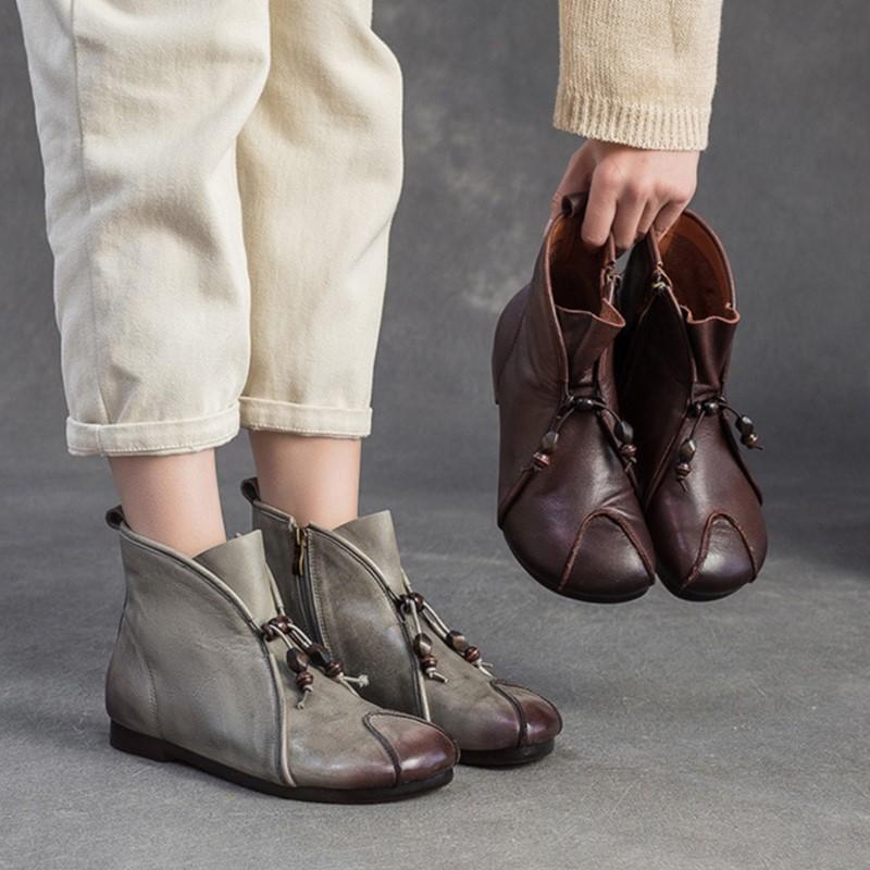 Fashion GKTINOO 2025 Autumn/Winter New Genuine Leather Round Toe Ankle Boots Comfortable Flat Retro Side Zipper Women's Boots