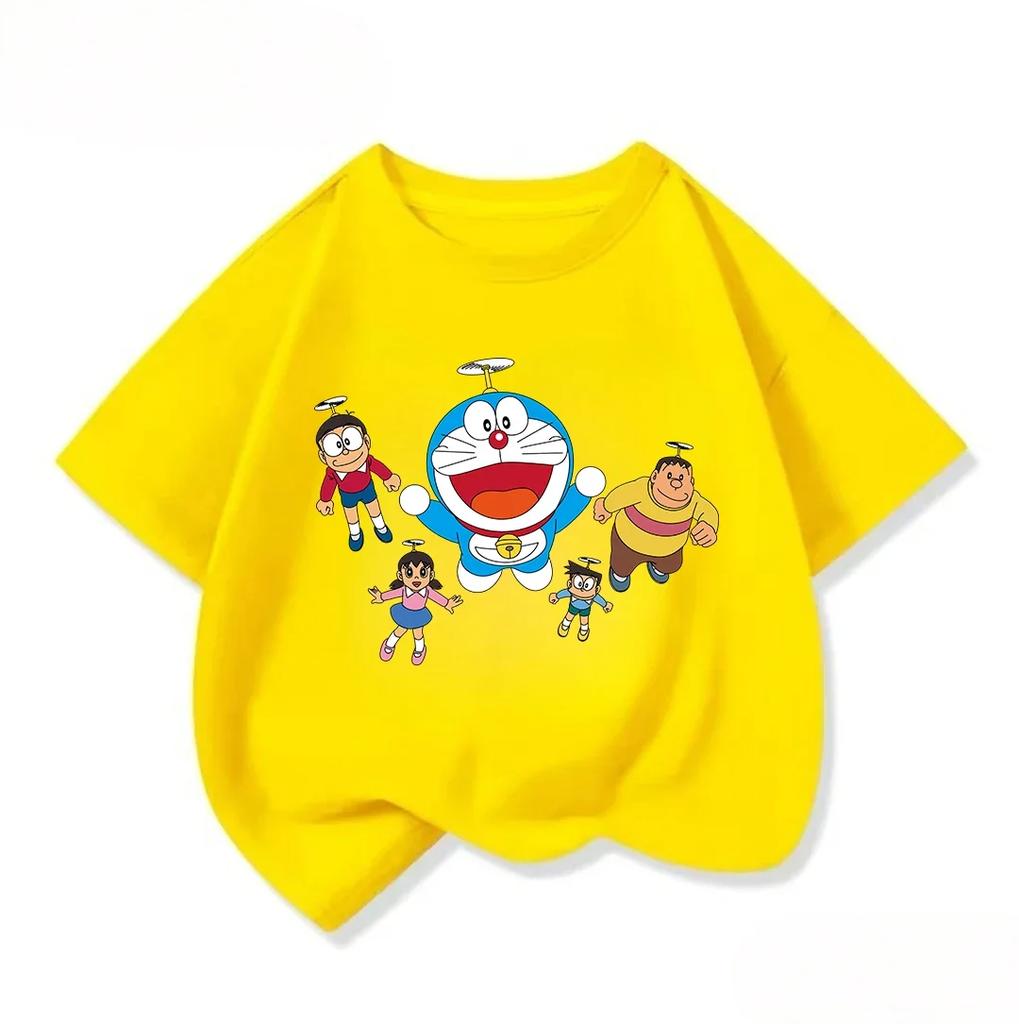 Fashion Children Crew Neck T Shirt Summer Kawaii Cartoon Print Cute Street Style Wear Doraemon Kids Clothes 314Y