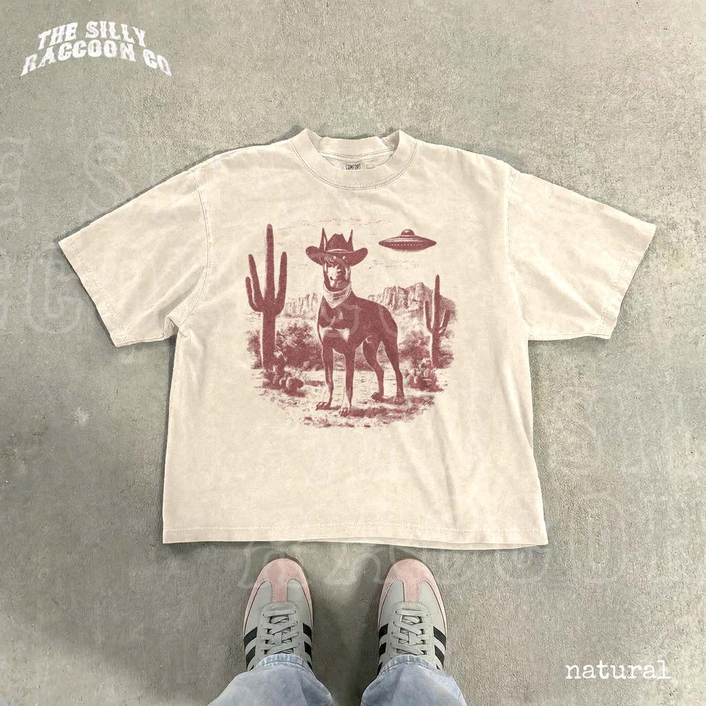 Cowboy Dog Shirt Western UFO Tee Vintage Doberman Desert Graphic Tee Funny Wild West Dog Lover Gift Unisex Shirt for Men Women