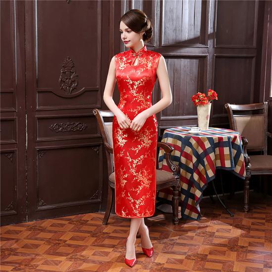 Ženy Léto Cheongsam Stojánek Límec Květinový potisk Dutý Rozdělený lem Bez rukávů Qipao Slim Fit Retro Čínský styl Délka do půli lýtek Svatba