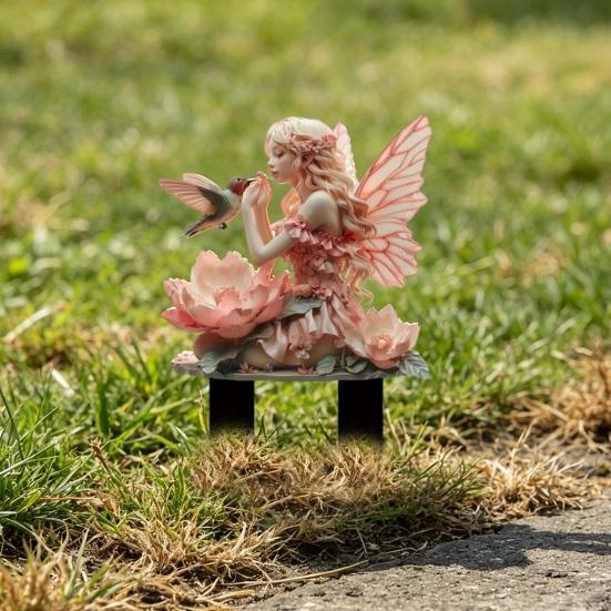 Flower Fairy Garden Stake, 2D Acrylic Fairy Garden Decoration, Waterproof Fairy Hummingbird Yard Art Stake for Lawn Balcony Flower Pot