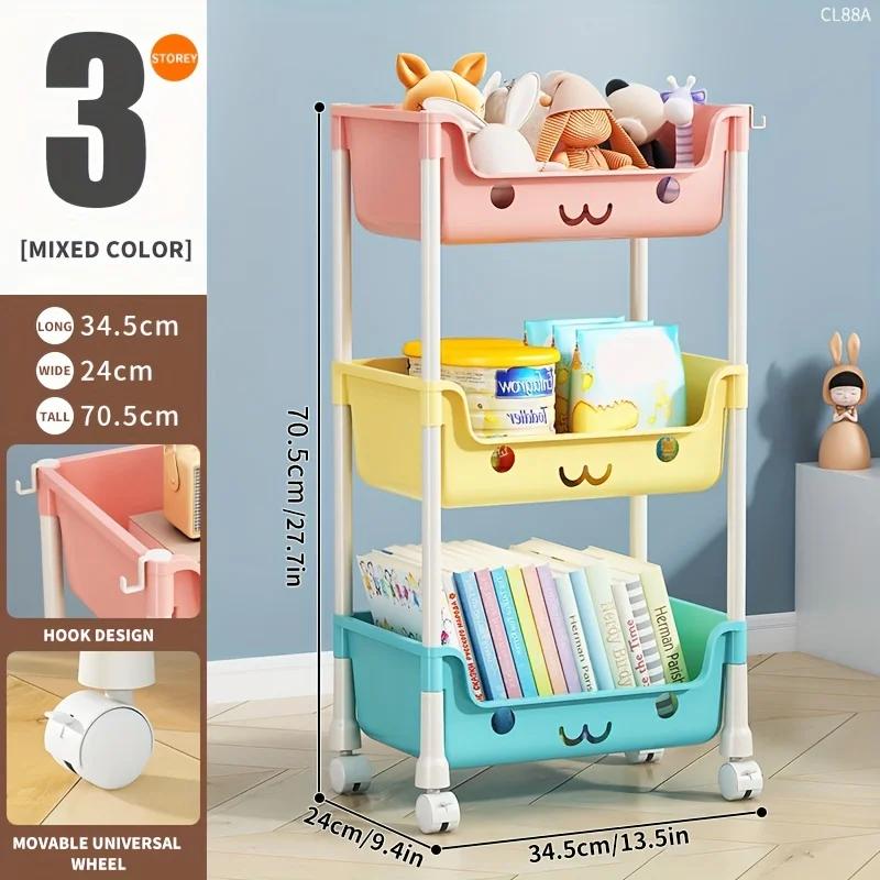 Für Wohnzimmer im Haushalt Mehrschichtiger Cartoon Smiley Beweglicher Wagen Bodenregale Kinderspielzeug Snacks Büchertaschen Organisieren R
