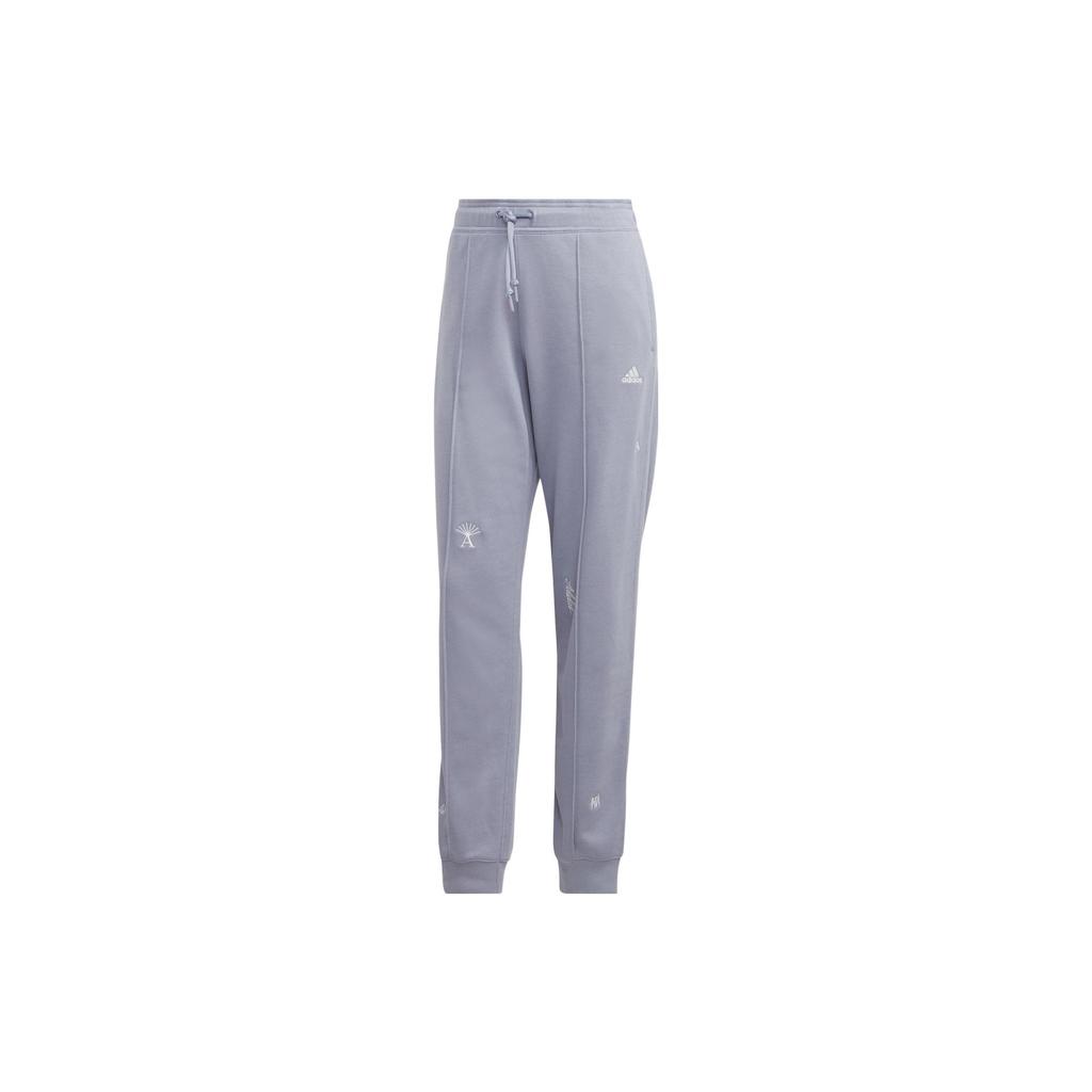 Adidas Healing Crystals Inspired Solid Color Logo Letter Print High Waist Cuffed Sports Pants Women Bottoms Silver Gray Violet IC0808