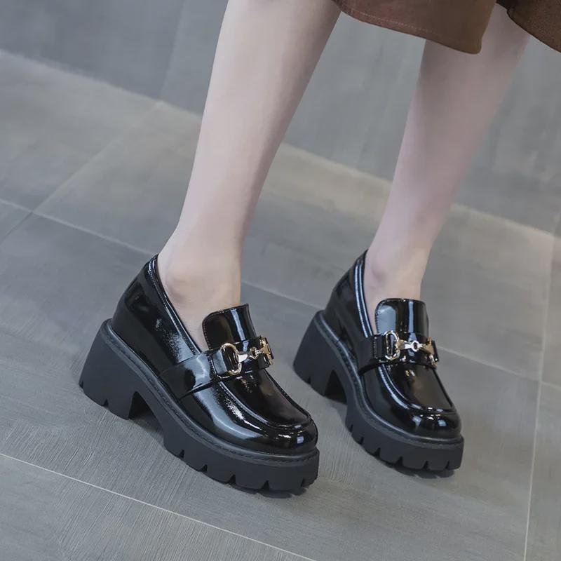 Women's British-Style Height-Enhancing Leather Loafers, Black, 2022 Autumn, Genuine Leather, 10cm Thick Sole