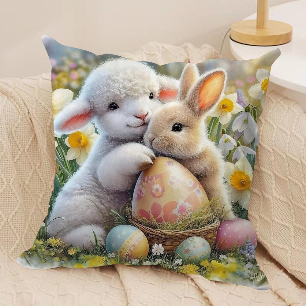 Little Lamb Easter Cushion Cover Silky Short Plush Invisible Zipper Dustproof Sofa Pillow Case For Home Decor