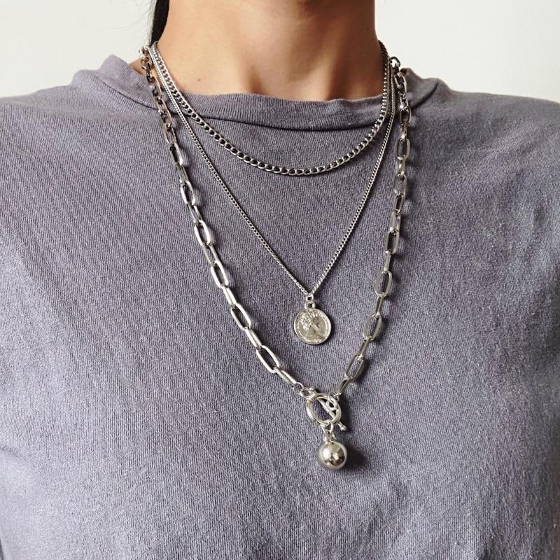 17KM Punk Mehrschichtige Ball Anhänger Halskette für Frauen Silber Farbe Porträt Münze Kette Choker Halsketten 2021 Trend Schmuck