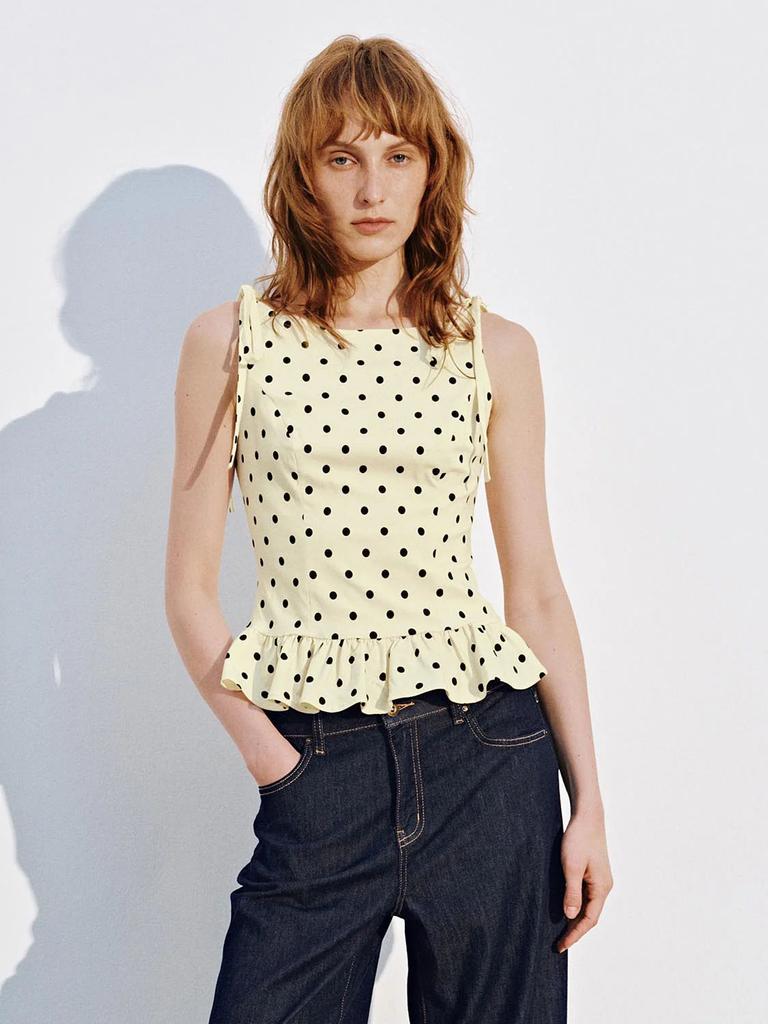 French Polka Dot Sleeveless Top Women's Summer High-end Light Luxury Lace-up Ruffle Edge Waist Thin Vest Shirt