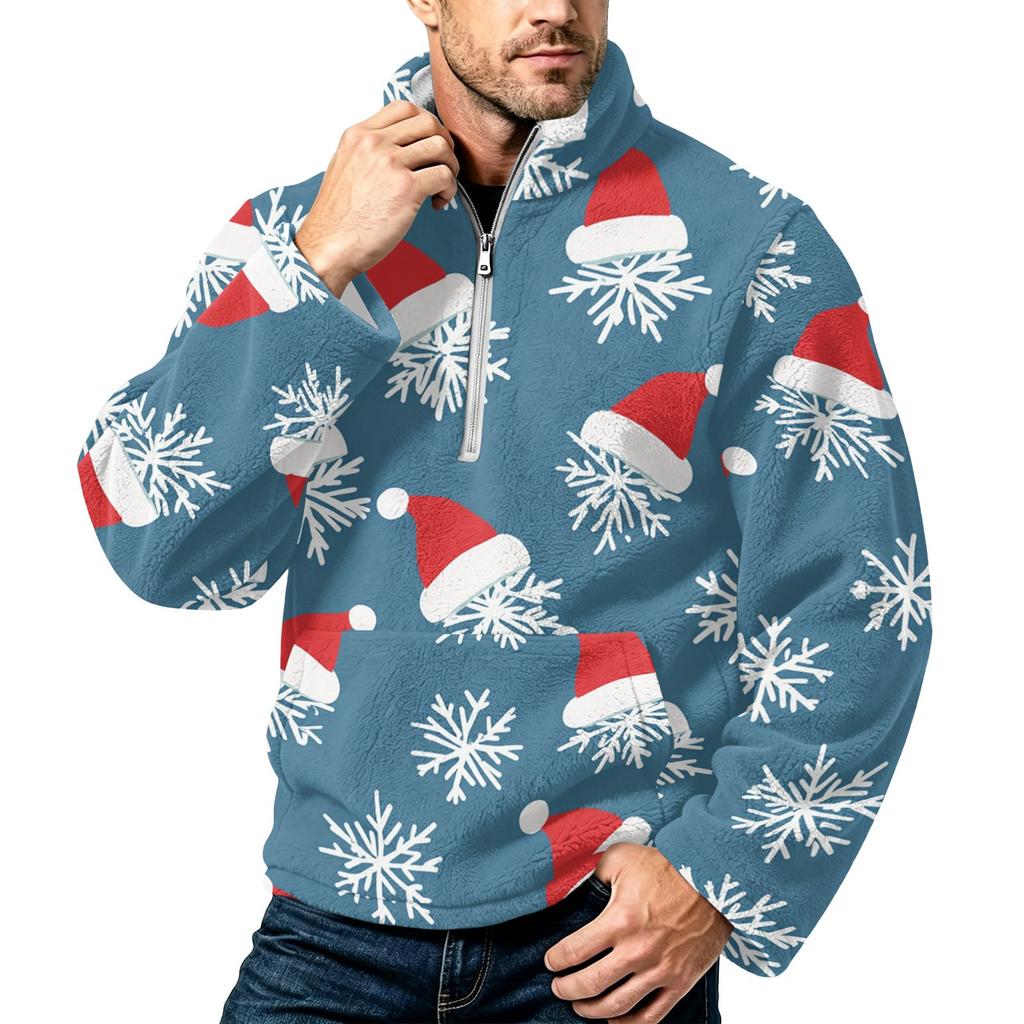 Men's Christmas Print Zip-Up Sweatshirt with Stand Collar, Plus Size Flannel Top for Fall Winter