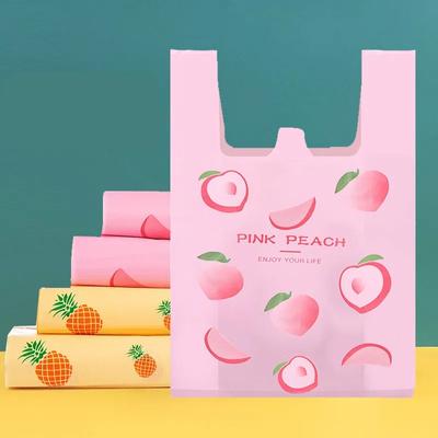50 stücke Einweg Handtasche Mit Pfirsich Obst Muster Verpackt Blume Takeaway Taschen Snack Doppel Ohr Kunststoff Weste Griff Einkaufstasche