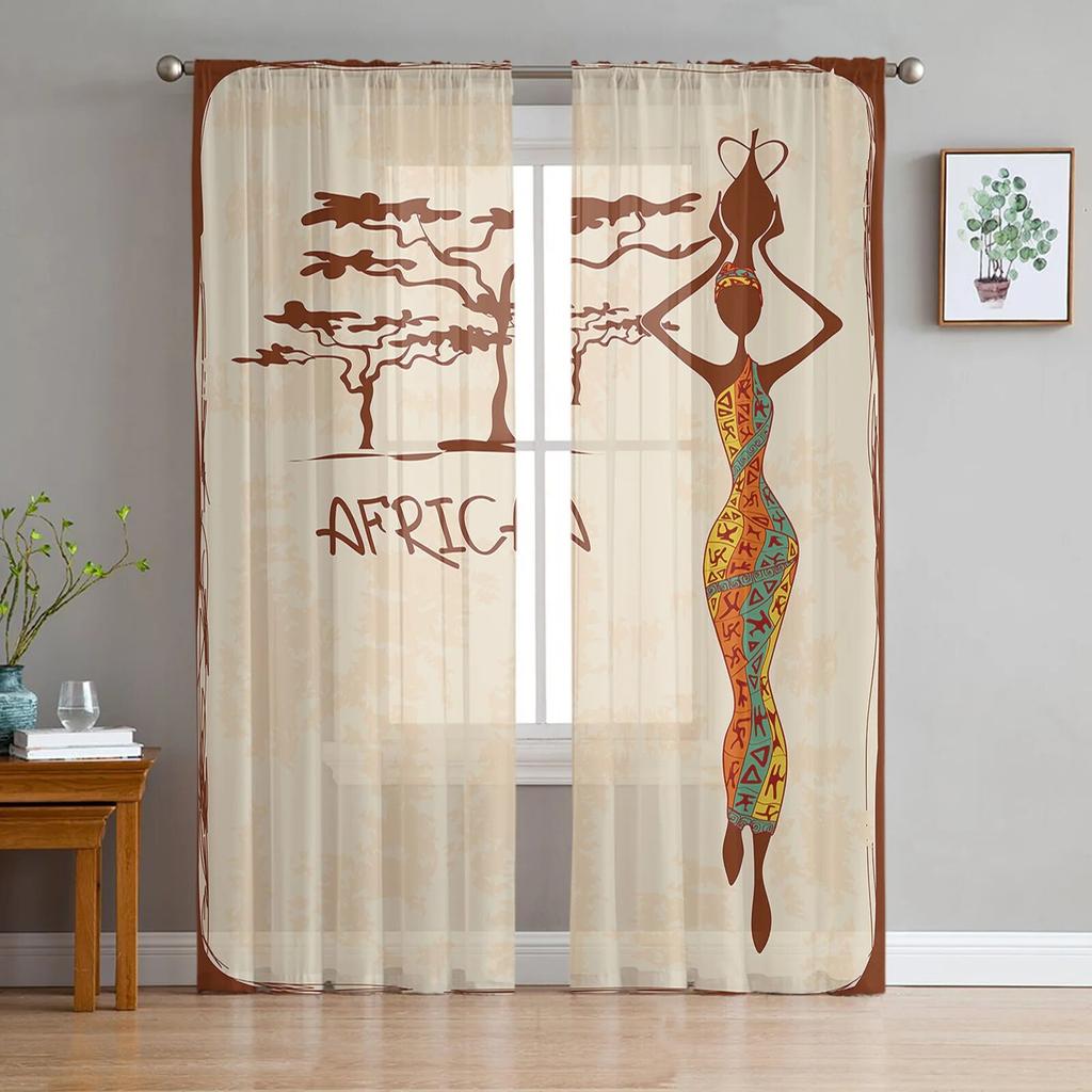 Afrikanische Frauen Ethnische Giraffe Elefant Tüll Vorhänge Für Wohnzimmer Chiffon Voile Sheer Fenster Vorhang Für Schlafzimmer