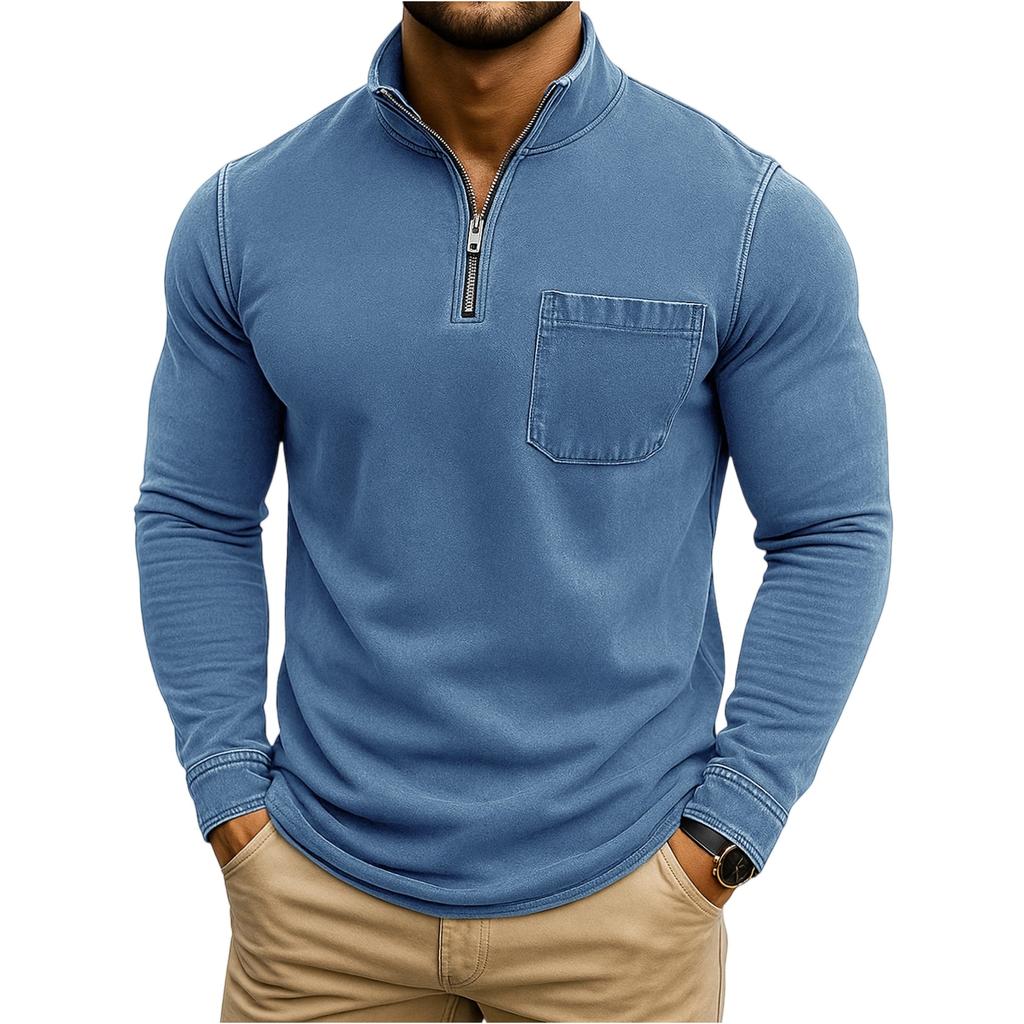 Men's Fashion Solid Color Retro Casual Washed Outdated Quarter Zipper Pocket Long Sleeve T-shirt Top