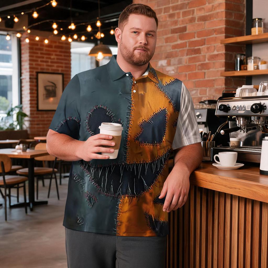 Men's Plus Size Halloween Print Golf Polo Shirt Breathable Short Sleeve Casual Workwear Top with Button Collar