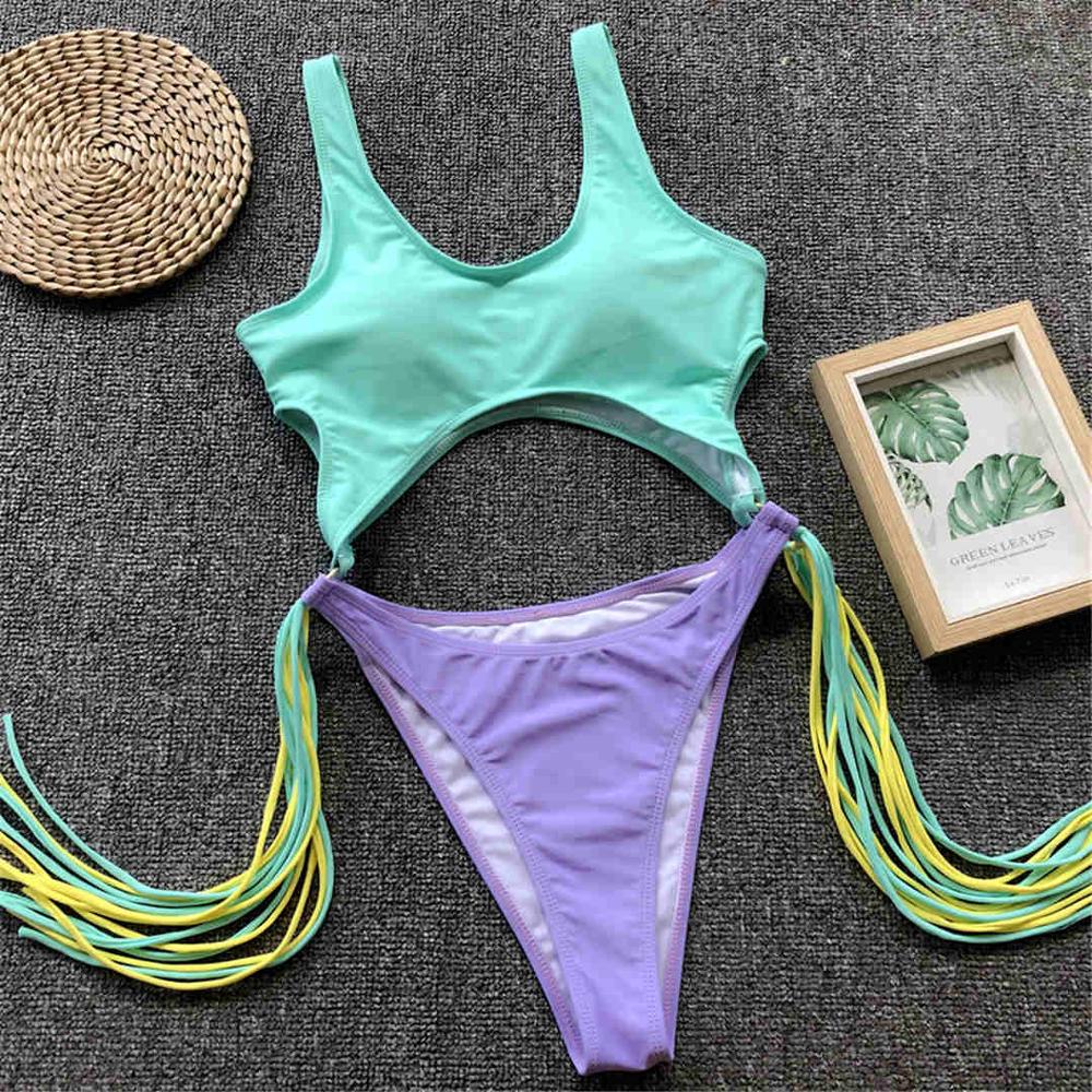 Fringe Women Swimwear Tummy Cut Out One Piece Swimsuit Female Tassel Bather High Cut Bathing Suit Swim Wear Lady