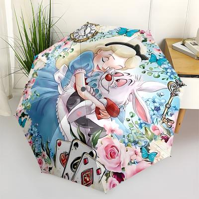 Alice, Wonderland Themed Automatic Opening and Closing Umbrella, Brightly Colored 8-rib Portable Umbrella, Suitable for Men and Women, A Perfect Gift