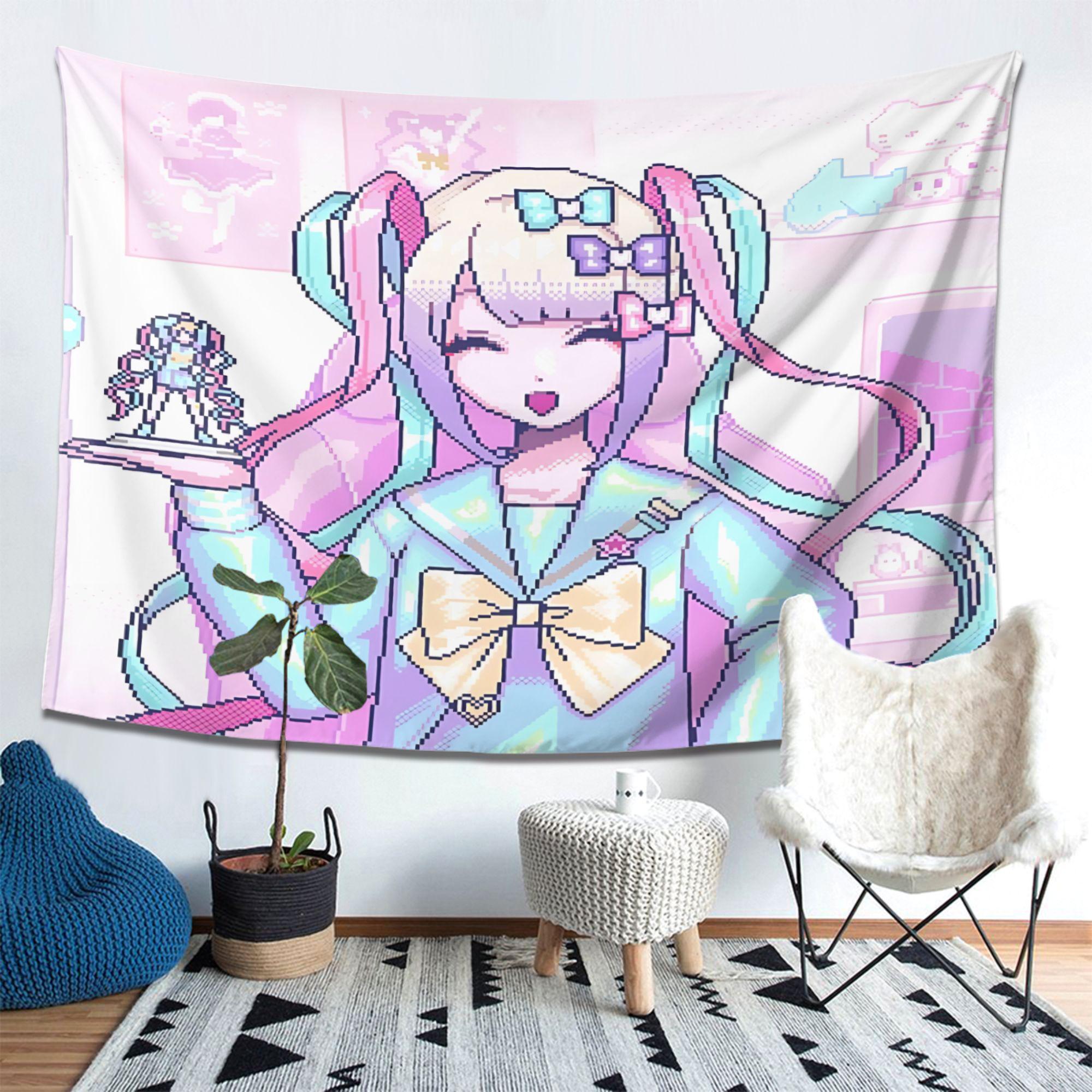 

VIKAMA Pixel Style Super Girl Tapestry Anime Pink Purple Macaron Atmosphere Sense Ins Style Room Decoration Home Decoration 74x94cm(29x37in)