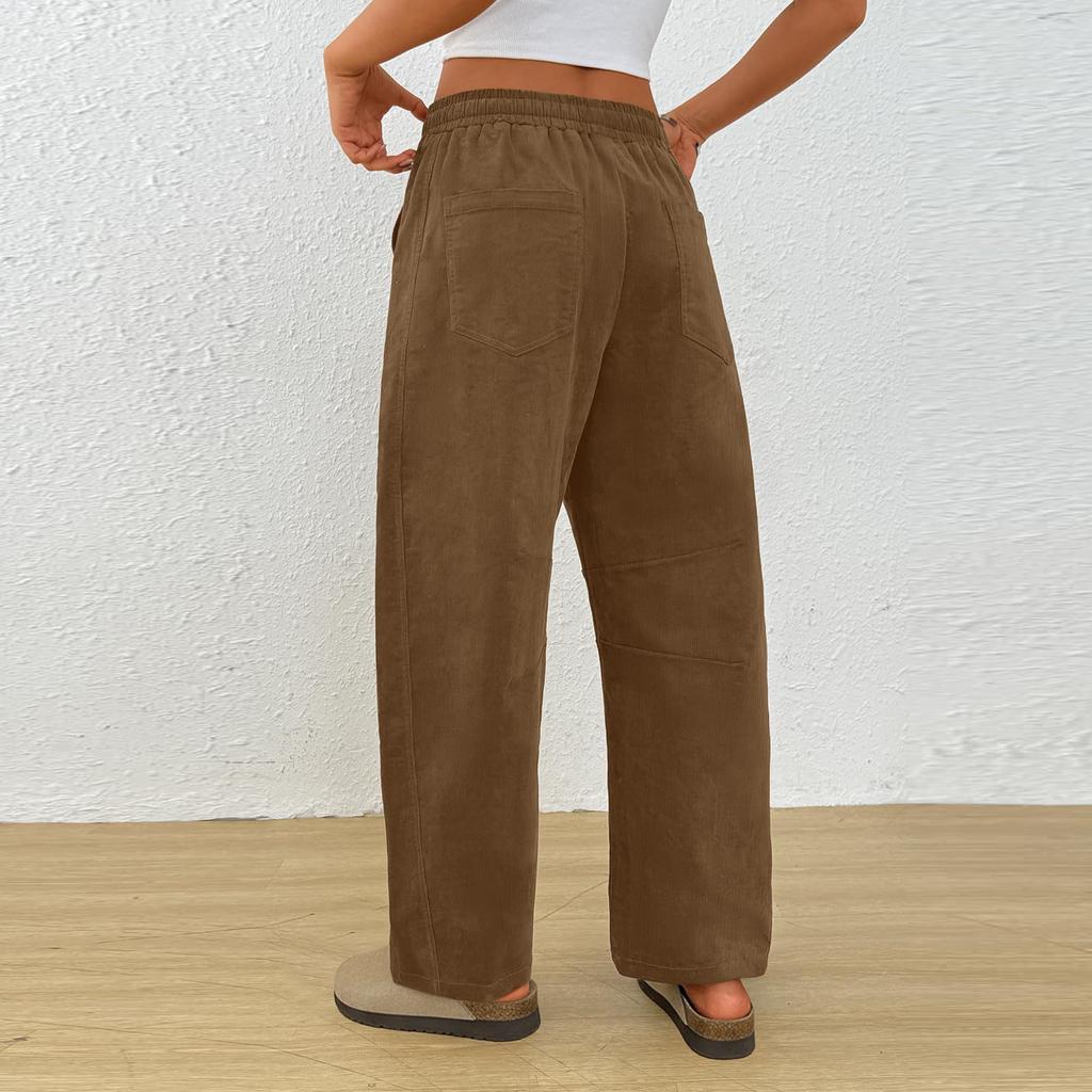 Women's Casual Fashion Solid Color Elastic Waist Drawstring Pockets Wide Leg Straight Pants
