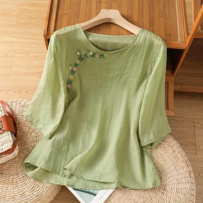 Retro Chinese Style Embroidered Cotton Linen Shirt Women Summer Young Bead Buttons Oblique Placket New